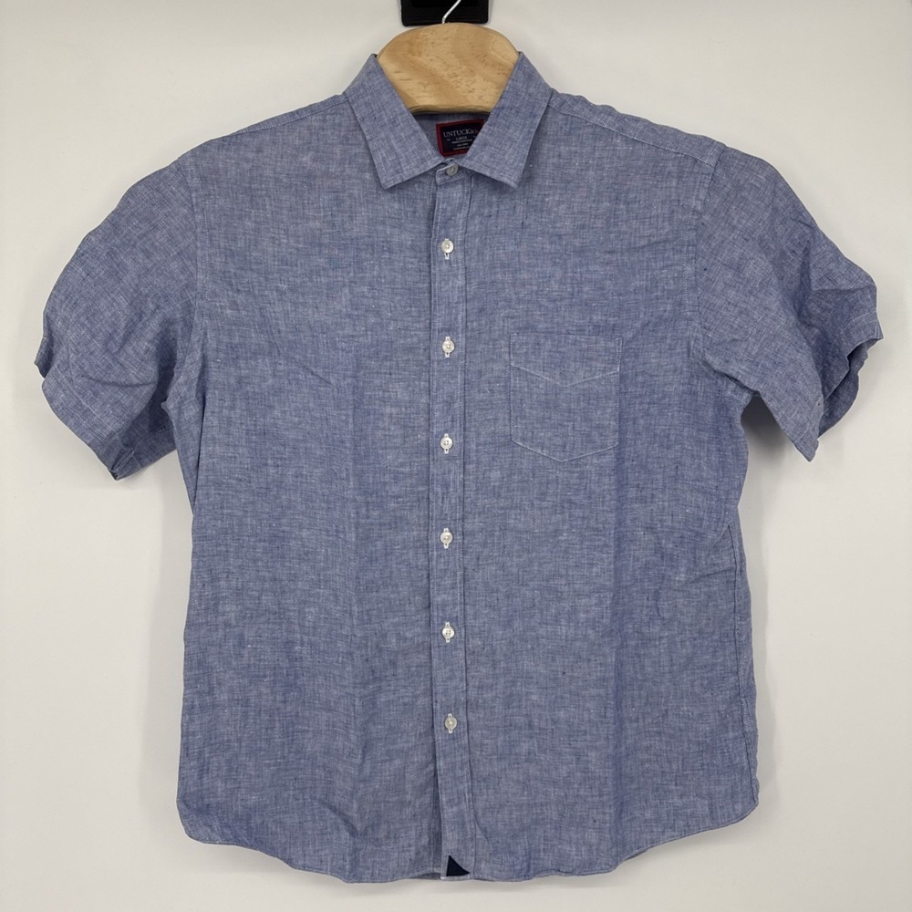 UNTUCKit Mens Large Blue 100% Linen Wrinkle Resistant Button Shirt Summer Woven